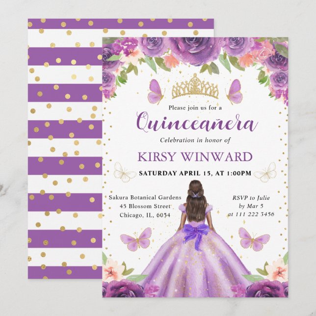 Invitation Robe Violette Princesse à Peau Noire Quinceanera (Devant / Derrière)