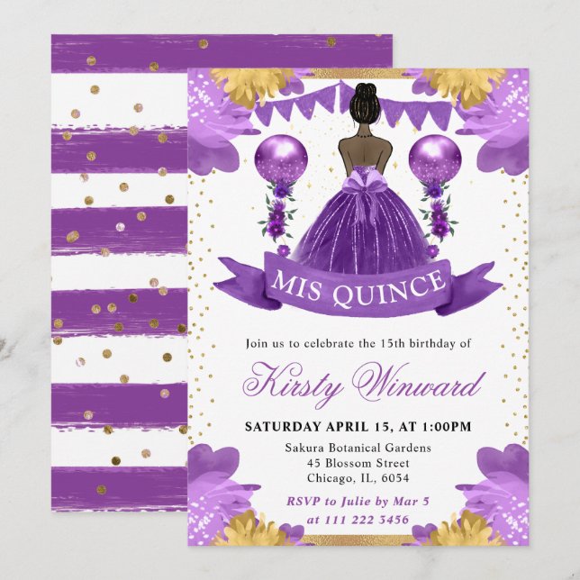 Invitation Robe Violette Princesse à Peau Noire Quinceanera (Devant / Derrière)