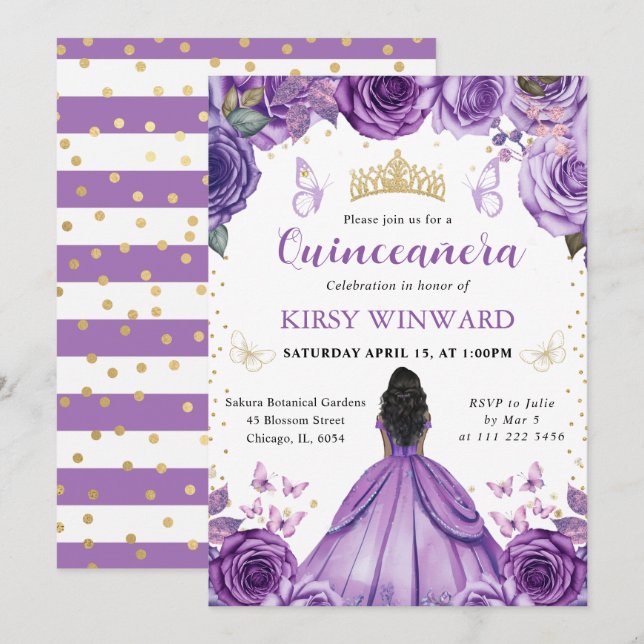 Invitation Robe Violette Princesse à Peau Noire Quinceanera (Devant / Derrière)