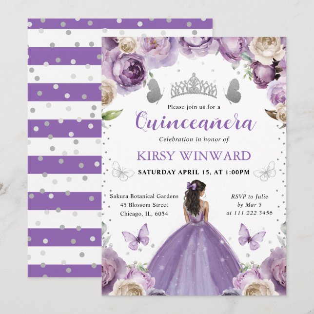 Invitation Robe Violette Princesse à Peau Noire Quinze Ans (Devant / Derrière)