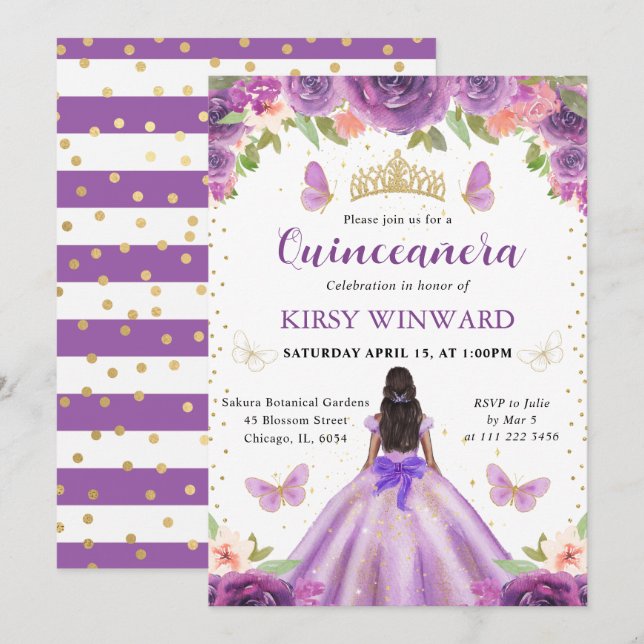 Invitation Robe Violette Princesse à Peau Noire Quinze Ans (Devant / Derrière)