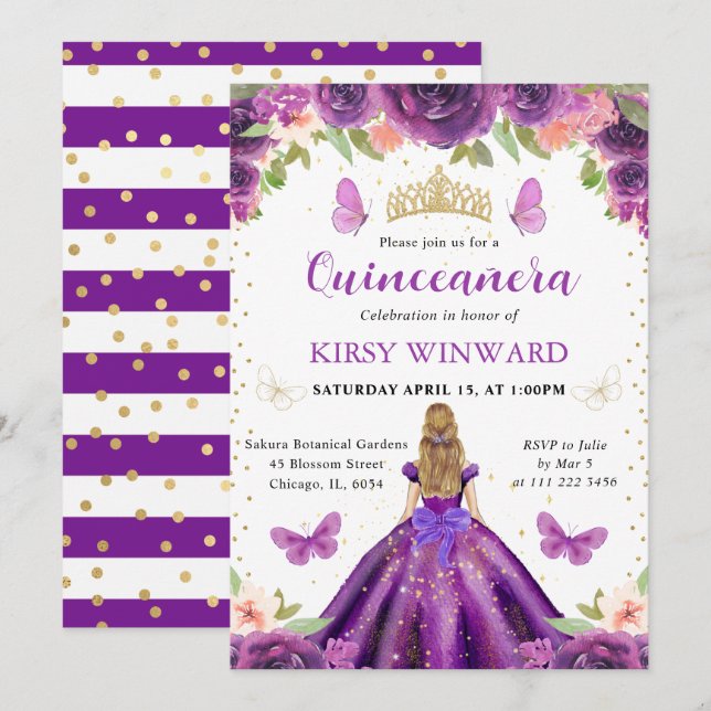 Invitation Robe Violette Princesse Blonde Quinceanera (Devant / Derrière)