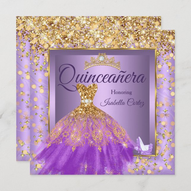 Invitation Robe violette Quinceañera Party talons hauts Or (Devant / Derrière)