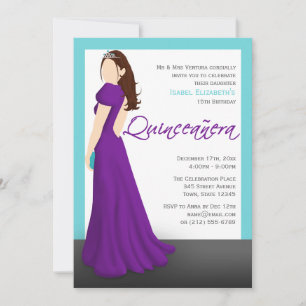 Invitation Robe violette Tiara Turquoise Quinceañera