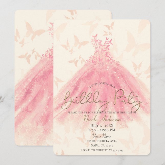 Invitation Robes à paillettes papillon danse pour fête d'anni (Devant / Derrière)