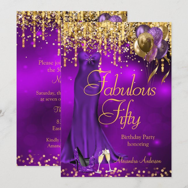Invitation Robes à talons hauts violets dorés Fabulous 50 Par (Devant / Derrière)