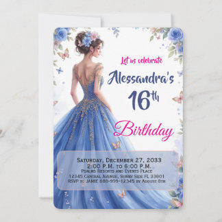 Invitation Robes bleues florales élégantes 16e anniversaire m