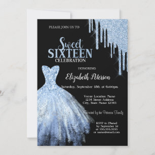 Invitation Robes Bleues Pailletées Chic Gouttes Bleues Noires