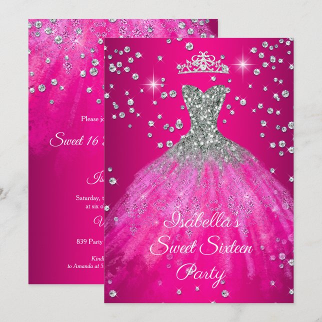 Invitation Robes Chaude Rose Foncé pour Fête des 16 ans TIARA (Devant / Derrière)