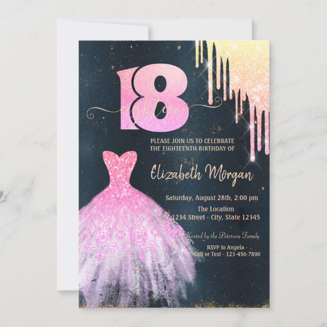 Invitation Robes Chic Drips, Bleu foncé 18 ans Anniversaire (Devant)
