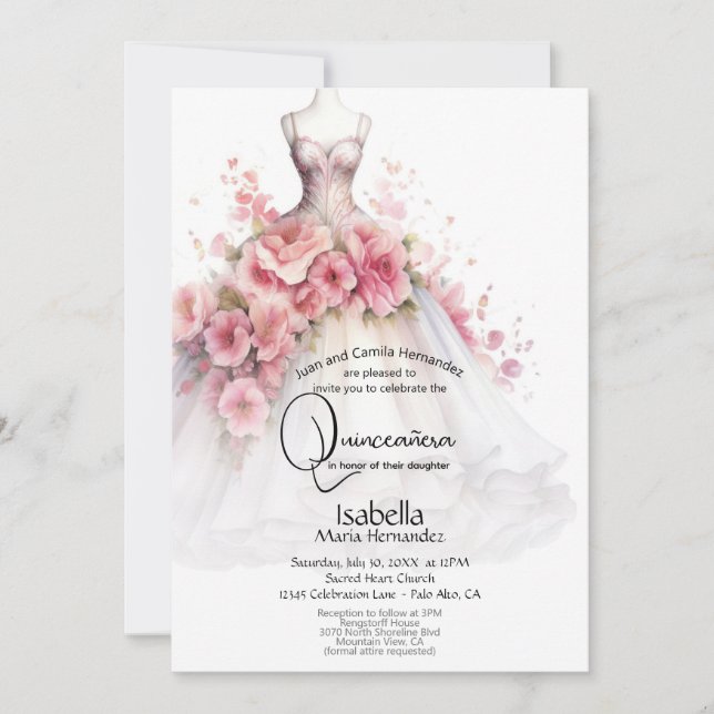 Invitation Robes de camélia blanches et roses pour Quinceañer (Devant)