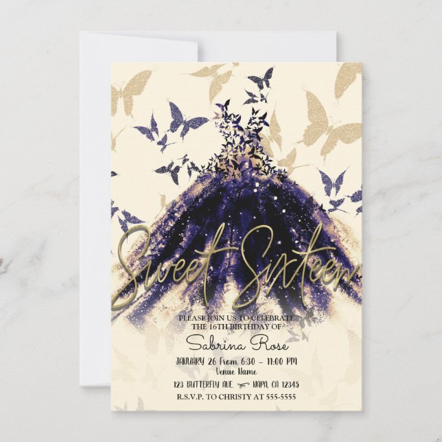 Invitation Robes de danse papillon en or violet Douce fête de (Devant)