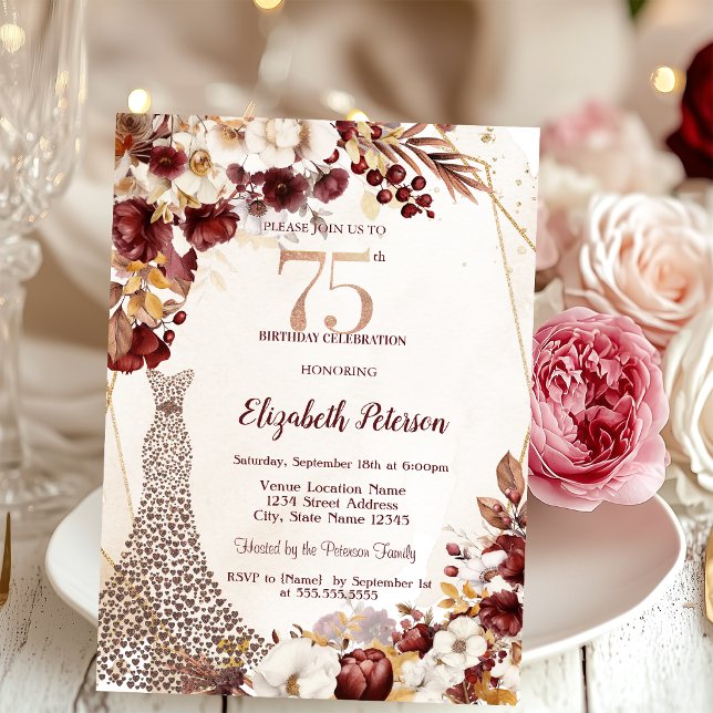 Invitation Robes de diamants chic automne fleurs 75e annivers (Créateur téléchargé)
