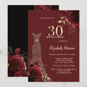 Invitation Robes de diamants chic rouge roses noires 30e anni