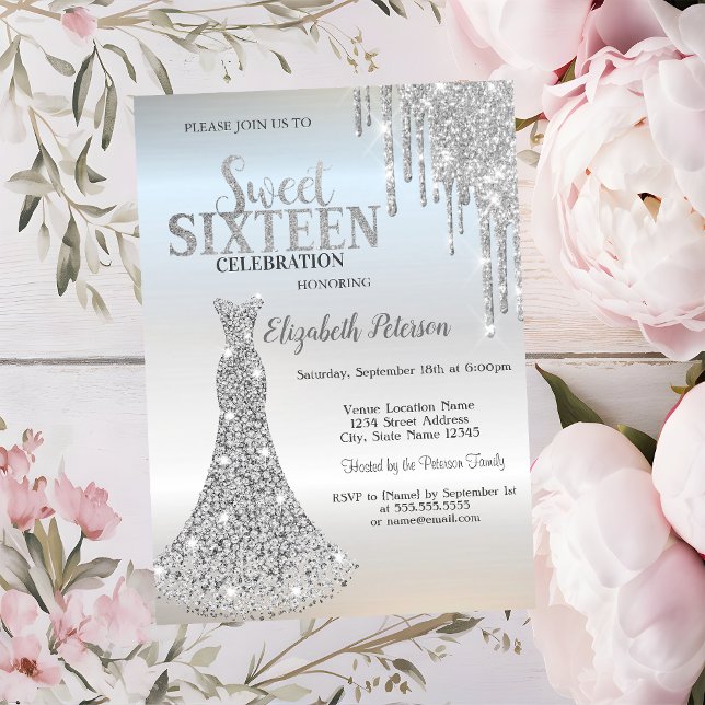 Invitation Robes de diamants, gouttes de paillettes d'argent  (Créateur téléchargé)