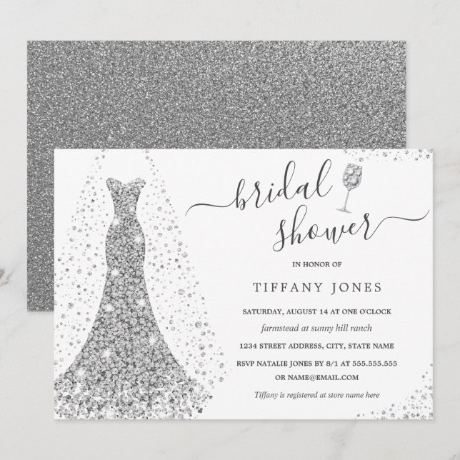 Invitation Robes de mariée argentées blanches scintillantes p (Devant / Derrière)