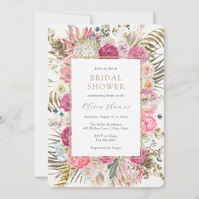 Invitation Robes de mariée Floral Bohème Rose (Devant)