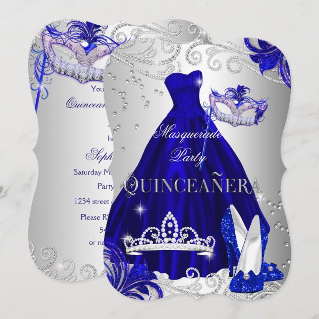 Invitation Robes de Quinceanera argent bleu et talons Masquer (Devant / Derrière)