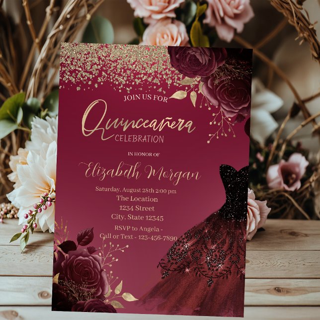 Invitation Robes de Quinceanera Diamants Dorés, Roses Bourgui (Créateur téléchargé)