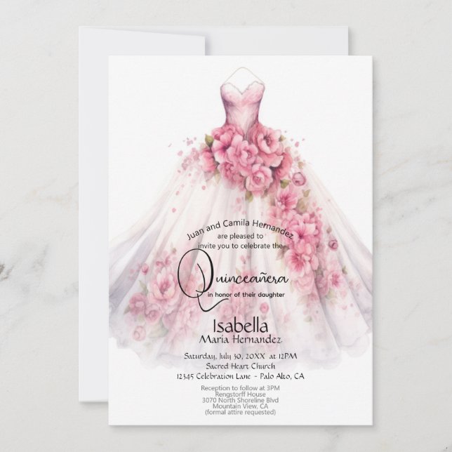 Invitation Robes de Quinceañera | Robe florale rose (Devant)