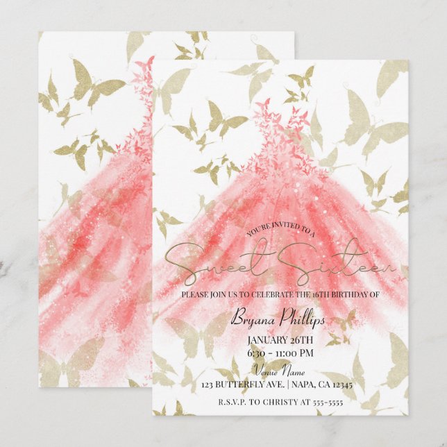 Invitation Robes de soirée corail danse papillon or fête Swee (Devant / Derrière)