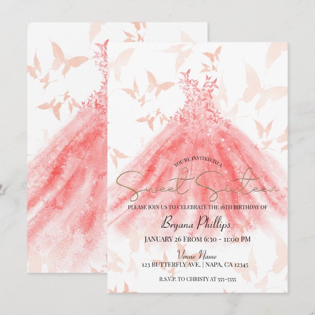 Invitation Robes de soirée corail danse papillon or fête Swee (Devant / Derrière)