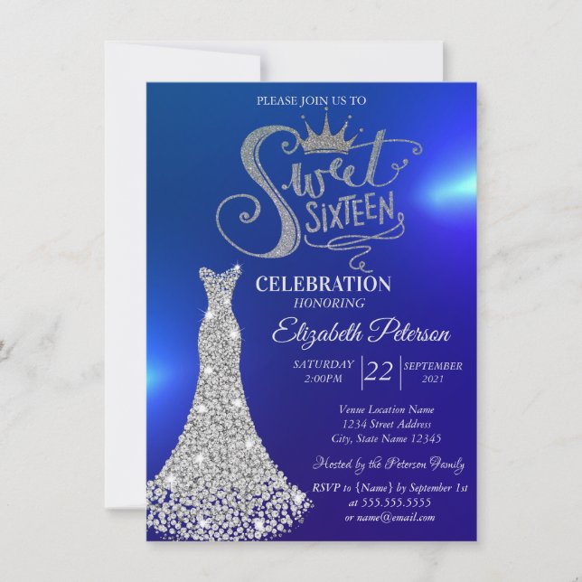 Invitation Robes Diamants Argent, Diamants Bleu Douce 16 (Devant)