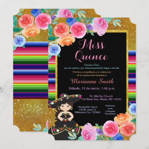 Invitation Robes noires dorées pour fête mexicaine Quinceañer
