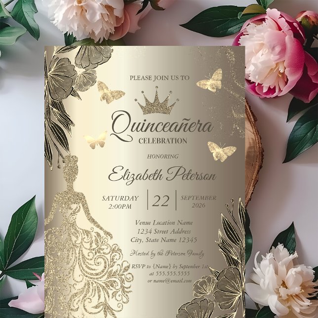 Invitation Robes,Papillons Fleurs Dorés Quinceañera (Créateur téléchargé)