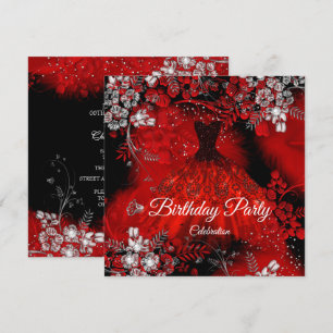 Invitation Robes rouges Fête d'anniversaire argent Plumes