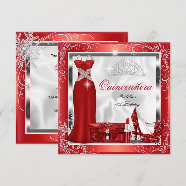 Invitation Robes Talons Fête de Quinceañera Rouge Argent S5 (Devant / Derrière)