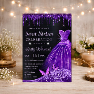 Invitation Robes violettes, paillettes et papillon Sweet 16