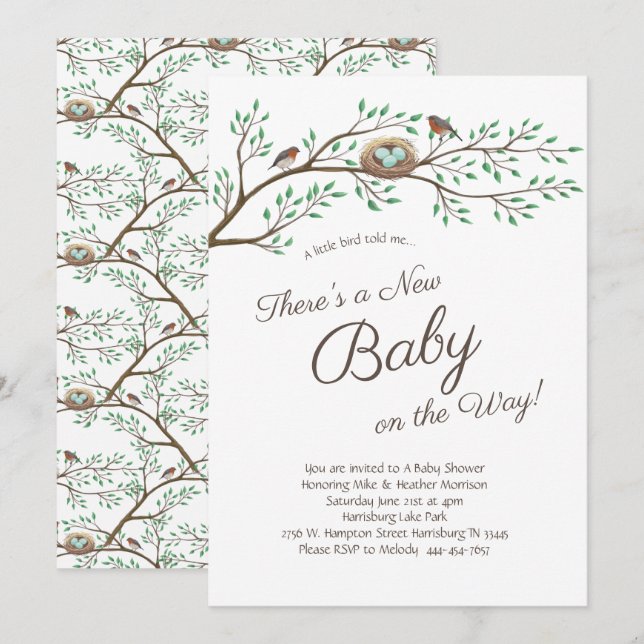 Invitation Robin Bird Spring Baby shower Co-Ed Genre Neutre (Devant / Derrière)