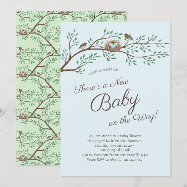 Invitation Robin Bird Spring Baby shower Co-Ed Genre Neutre (Devant / Derrière)