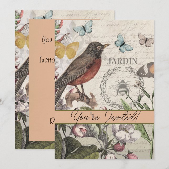 Invitation Robin Elegant Bird Butterfly French Art (Devant / Derrière)