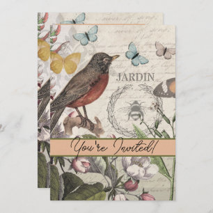 Invitation Robin Elegant Bird Butterfly French Art