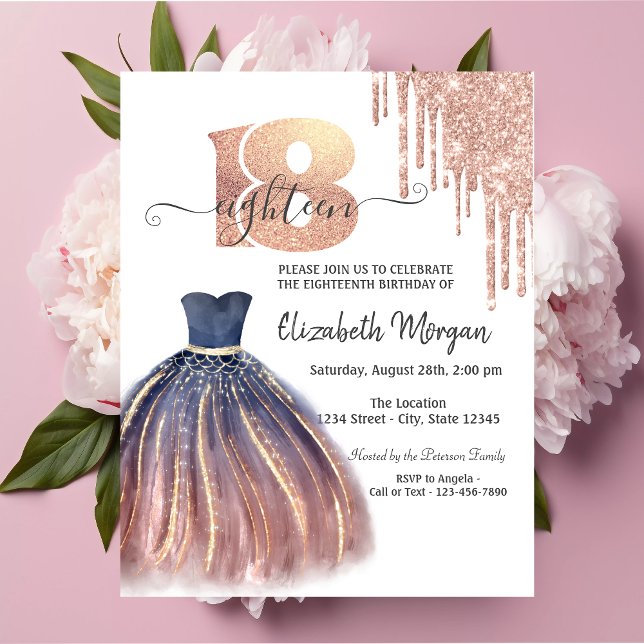 Invitation Robinet Rose Gold Chic Robe Argent 18ème Anniversa (Créateur téléchargé)