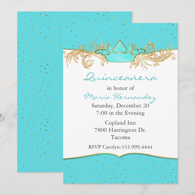 Invitation Robins Egg Blue et Gold Quinceañera (Devant / Derrière)
