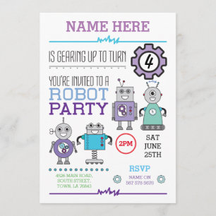 Invitation ROBOT Anniversaire Fête Blue Gears Cogs Robots Inv
