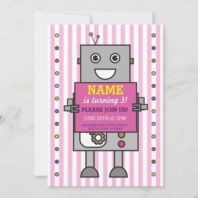 Invitation ROBOT Anniversaire Fête Pink Stripe Girls Invitati (Devant)