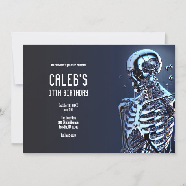 Invitation Robot de fête d'anniversaire squelette argent chro (Devant)