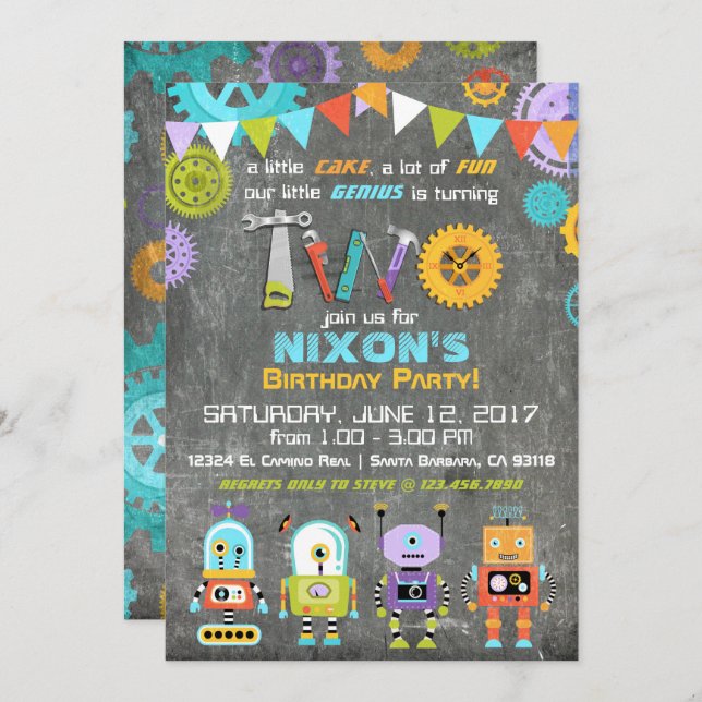 Invitation Robot Genius Gears Tools Chalkboard Anniversaire (Devant / Derrière)