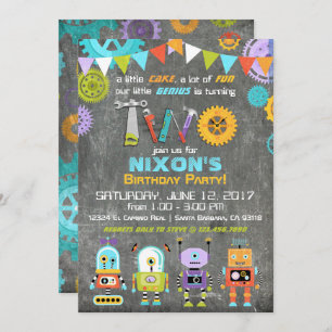 Invitation Robot Genius Gears Tools Chalkboard Anniversaire