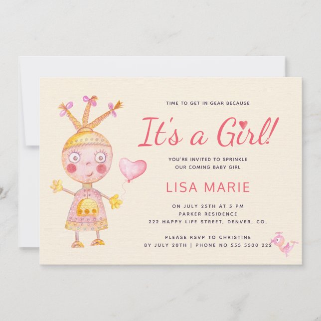 Invitation Robot mignon aquarelle rose c'est une fille shower (Devant)
