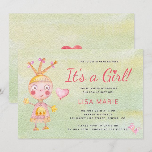 Invitation Robot mignon aquarelle rose c'est une fille shower (Devant / Derrière)