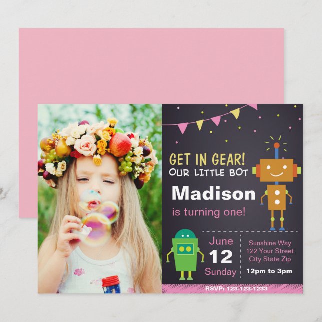 Invitation Robot Rose avec photo (Devant / Derrière)