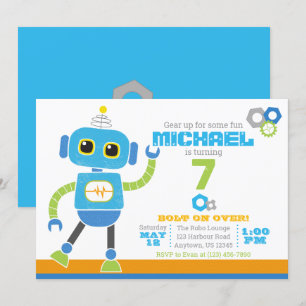 Invitation Robots et boulons Anniversaire bleu et vert