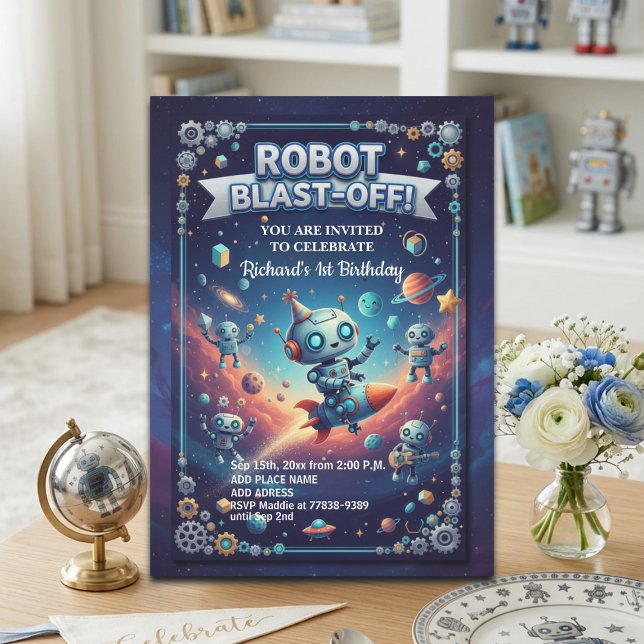 Invitation Robots in Space 1st Birthday Party (Créateur téléchargé)