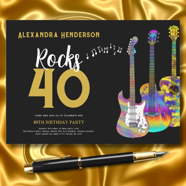 Invitation Rocher et rouleau de fête du 40e anniversaire (guitar music black and gold 40th birthday party invitation )