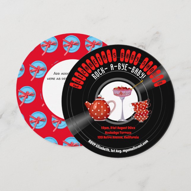 Invitation Rock-A-Bye-Baby shower Rétro Record Tea Party Roug (Devant / Derrière)